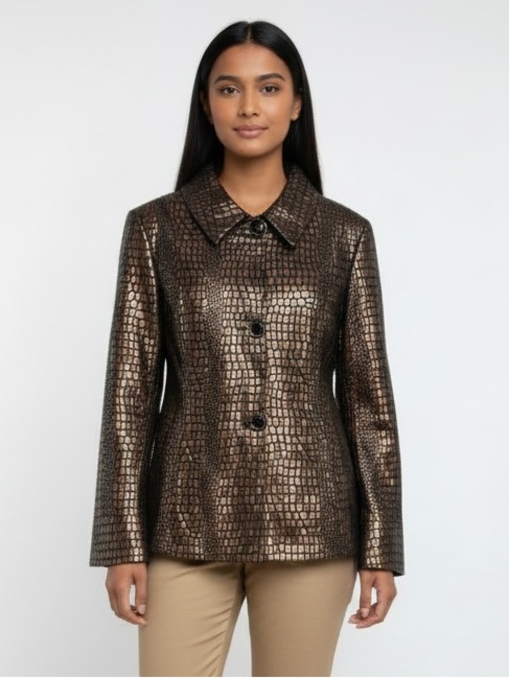 Bernardo Metallic Brown Croc-Embossed Faux Leather Jacket